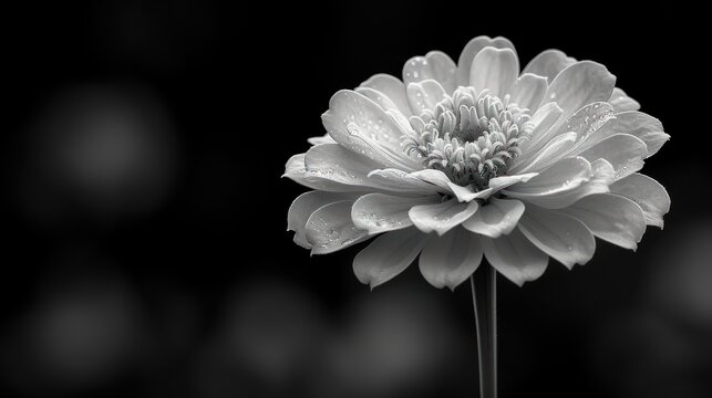  a black and white photo of a flower with drops of water on the petals and the petals in the center of the flower, in a black and white background.