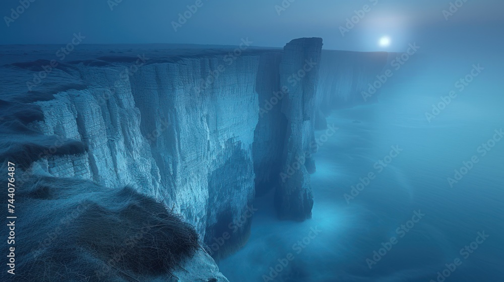 Poster an image of a cliff in the middle of the ocean with a light at the end of the cliff and a person sta