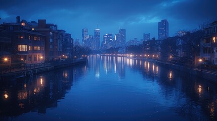  a large body of water with a city in the background at night with lights reflecting off of the water and buildings on the other side of the water and a dark blue sky.