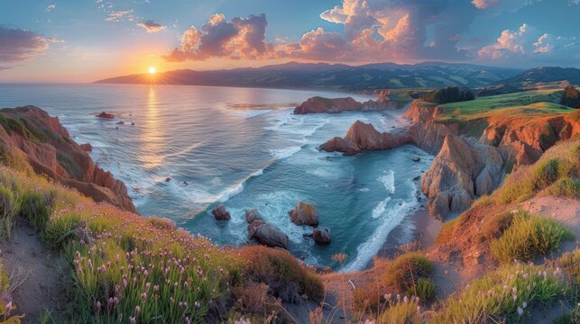  a painting of a sunset over the ocean with a view of mountains and a body of water on the other side of the picture is a grassy hill with flowers on the other side of the.