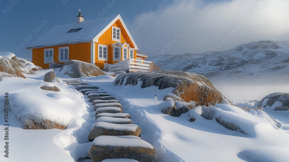 Poster a house on top of a mountain with snow on the ground and rocks in the foreground and a path leading 