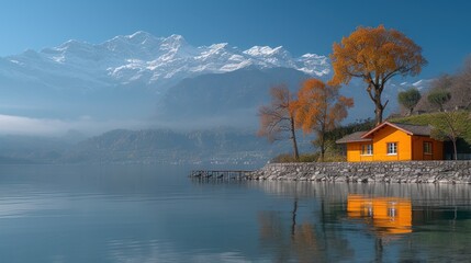  a house on the shore of a lake with a mountain range in the background and a body of water with a house in the foreground and a few trees in the foreground.