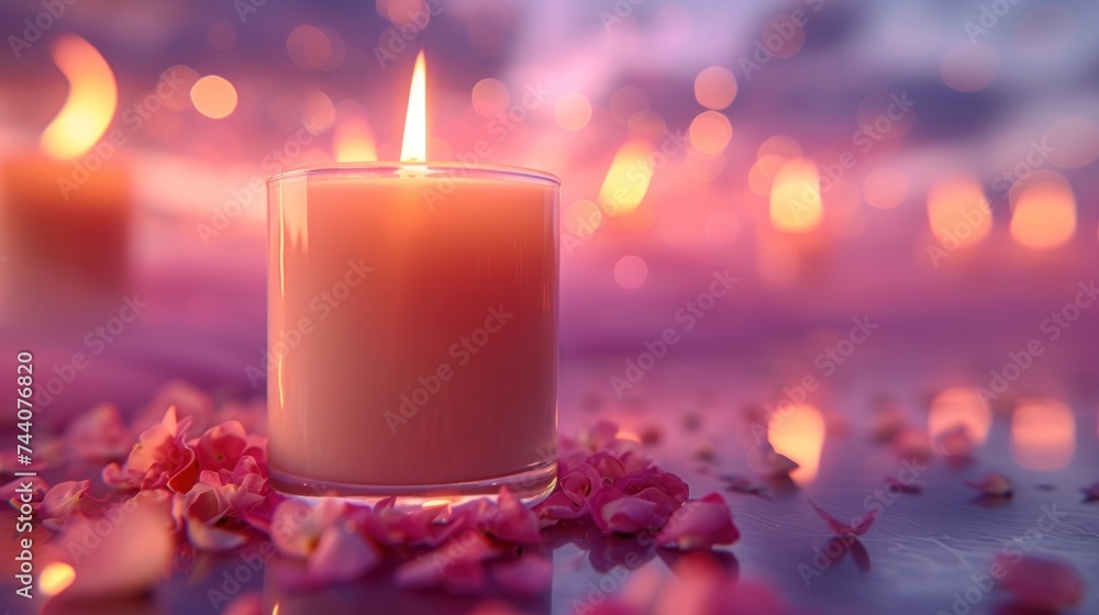 Poster a close up of a lit candle on a table with petals on the ground and boke of lights in the background