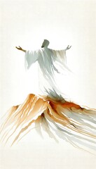 Digital illustration of man in worship in the sky, above the mountains. - obrazy, fototapety, plakaty