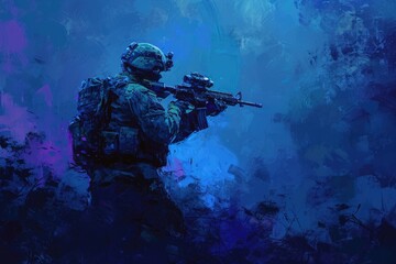 A painting depicting a soldier gripping a rifle firmly in a determined posture, Impressionistic art of Special Forces soldier on a night mission, AI Generated