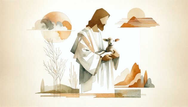 Digital illustration of Jesus Christ holding a lamb in his arms against mountain landscape.