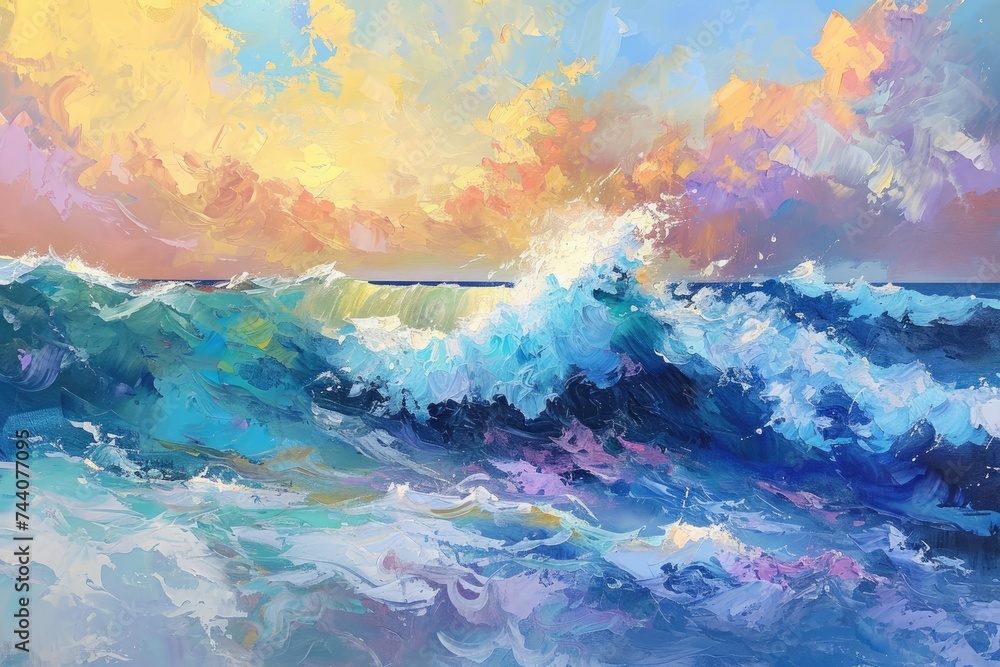 Poster a powerful wave crashes into the ocean, creating a captivating display of natural force, impressioni