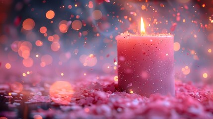  a pink candle sitting on top of a pile of pink flowers in front of a blurry background with boke of light coming from the top of the candle.