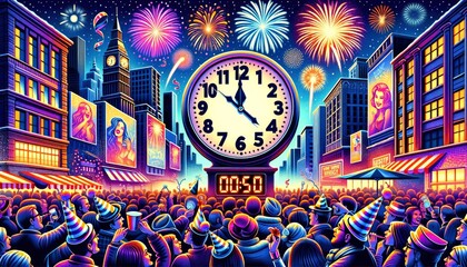 A vibrant New Year's Eve celebration in a city square with a countdown clock, diverse crowds, and fireworks. AI Generated