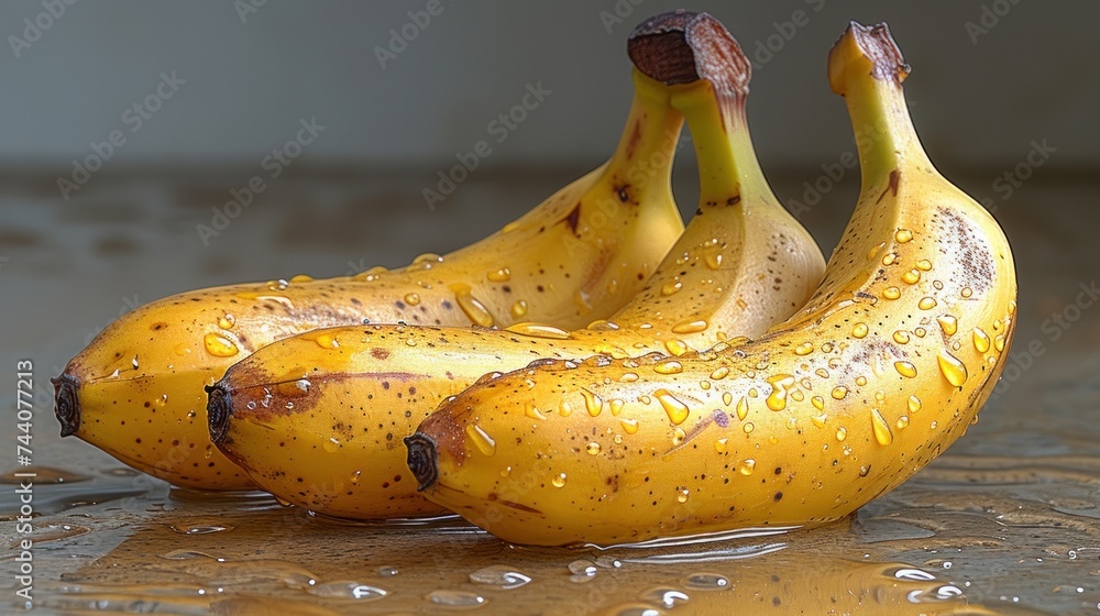 Aufkleber a group of three bananas sitting on top of a table covered in drops of water on top of a shiny surfa