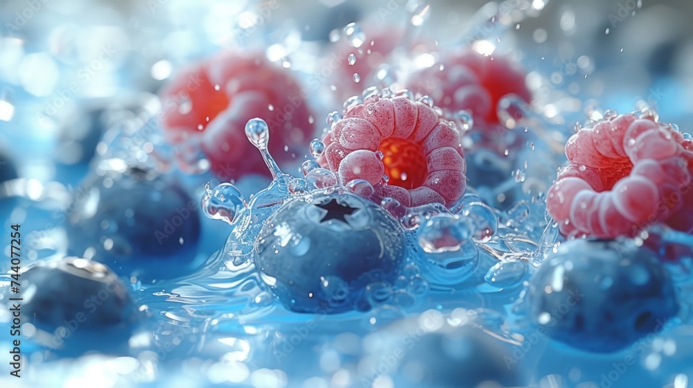 Poster a group of blue and red berries floating on top of a body of water with drops of water on the top an