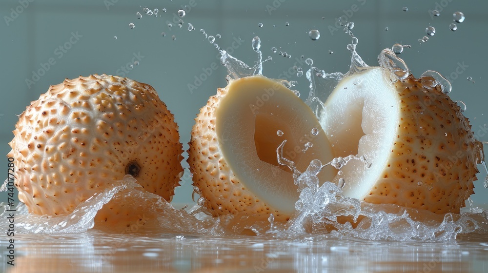 Poster a close up of a fruit with a splash of water on the top of it and a piece of fruit in the middle of 