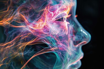 A womans face emitting vibrant, colorful smoke is captured in this intriguing photograph, In-depth view of the human optic nerve through 3D X-ray, AI Generated