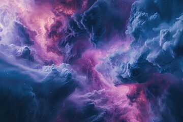 The photo captures a stunning sky filled with purple and blue hues, adorned with fluffy clouds, during a captivating sunset, Indigo and pink tones merging in a galactic cloud formation, AI Generated - obrazy, fototapety, plakaty