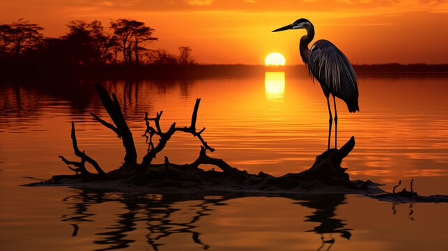 Sunset silhouette of a heron