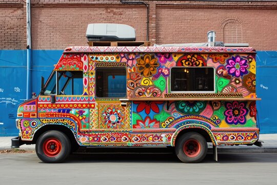 A brightly painted food truck is seen parked in front of a building, serving delicious meals to customers, Indian food truck with vibrant patterns and colors, AI Generated