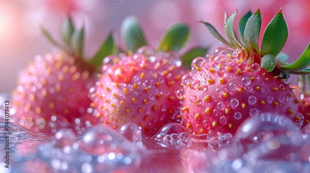 Poster  a close up of a group of strawberries with drops of water on the surface of the water and on the surface of the image is a blurry background.