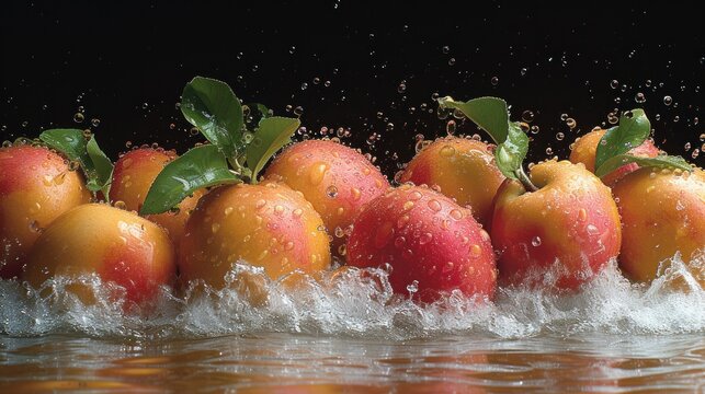  a group of oranges splashing into a body of water with leaves on the top of the oranges and on the bottom of the water is a black background.