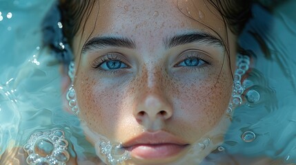  a close up of a woman with freckled hair and blue eyes in a pool of water with bubbles on her face and a freckled body of water.