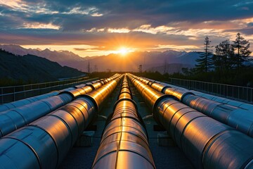 Large Group of Pipes Stacked on Roadside Construction Site, Industrial pipelines lit by the setting sun against a mountainous backdrop, AI Generated