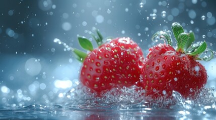  two strawberries in the water with a splash of water on the top of the strawberries and the bottom of the strawberries on the bottom of the water.