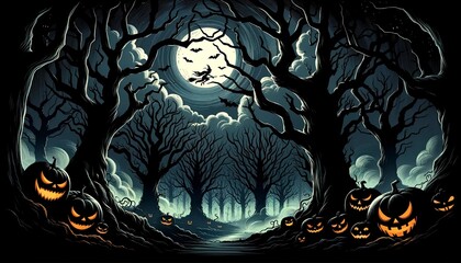 A haunted forest scene with gnarled trees, fog, glowing jack-o'-lanterns, bats, and the silhouette of a witch on a broomstick. AI Generated - obrazy, fototapety, plakaty