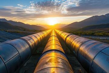A large metal pipe, painted in dull grey and weathered, stands tall in the center of a vast open field, Industrial pipelines lit by the setting sun against a mountainous backdrop, AI Generated