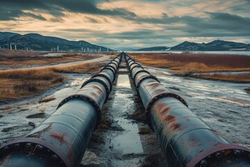 A massive pipe lies in the center of an open field surrounded by tall grass and under a clear blue sky, Industrial pipelines over a dried-up riverbed, AI Generated