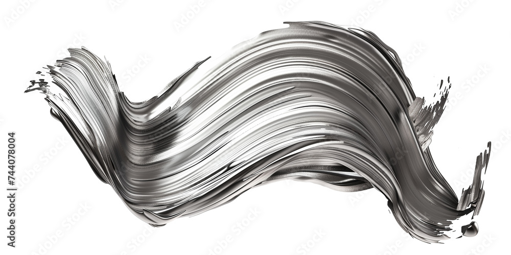 Poster twisted 3d rendering shape, metallic silver brush stroke isolated on transparent background