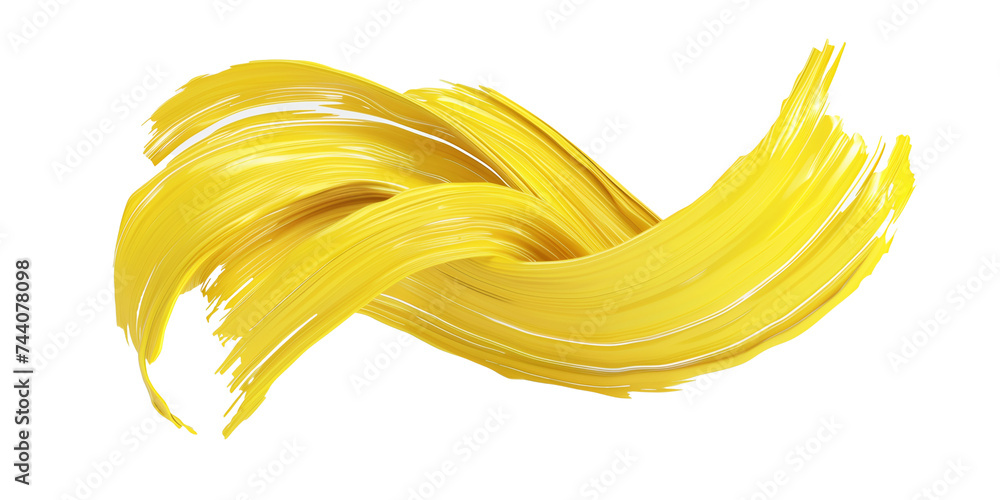 Poster twisted 3d rendering shape, yellow brush stroke isolated on transparent background