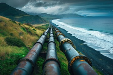 A sizeable pipe situated on the side of a hill, overlooking the ocean, Industrial pipelines running along a spectacular coastline, AI Generated