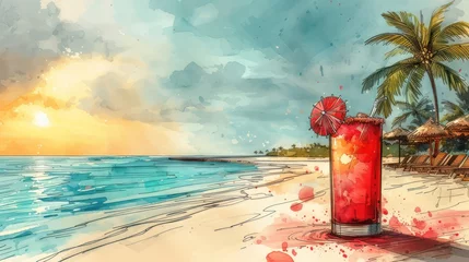 Rolgordijnen  a painting of a red drink sitting on top of a sandy beach next to the ocean with palm trees and a hut on the shore with umbrellas on a cloudy day. © Nadia