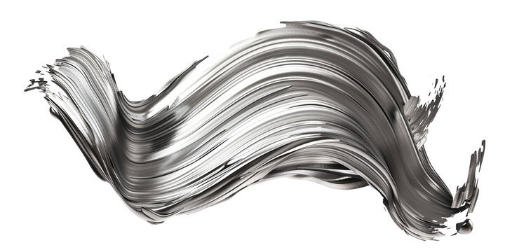 Twisted 3d rendering shape, metallic silver brush stroke isolated on transparent background
