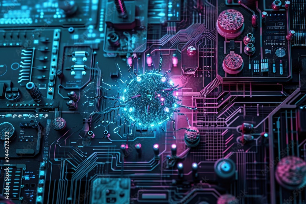 Poster a detailed close-up view of a computer circuit board, showcasing intricate microchips and various el