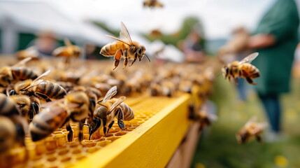 Busy bees swarm around a honeycomb, their golden bodies buzzing with activity, as a beekeeper watches in the background
