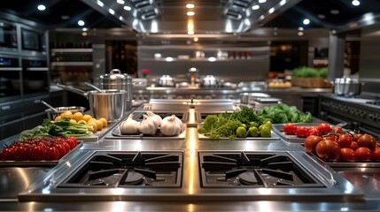  a kitchen filled with lots of stainless steel appliances and lots of different types of fruits and vegetables on top of stove top burners in front of stove top oven.