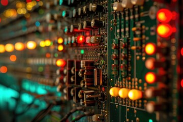 A detailed view of a circuit board featuring a multitude of lights in different colors and intensities, Inside view of a music synthesizer, AI Generated