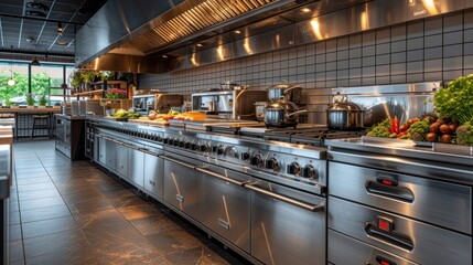  a kitchen with a lot of stainless steel appliances and a lot of fruits and vegetables on the counter and a lot of pots and pans on the stove top. - obrazy, fototapety, plakaty