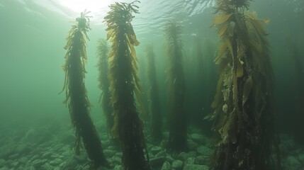  a group of seaweeds floating in the water with sunlight shining through the water's backrounds on the bottom of the photo, and bottom of the photo. - obrazy, fototapety, plakaty