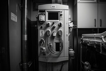 A black and white photograph showcasing a machine located in a room, Intense, dramatic portrait of a dialysis machine, AI Generated