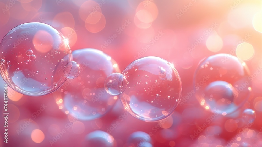 Poster a group of soap bubbles floating on top of a red and blue background with a blurry boke of light com
