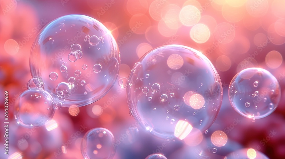 Poster  a bunch of soap bubbles floating on top of a pink and blue background with a lot of bubbles floating on top of each other on the bottom of the bubbles.