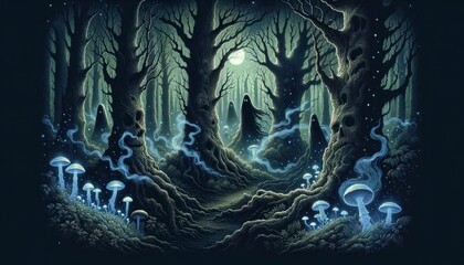 A mystical, dark forest on a moonless night with ancient trees, spectral apparitions, and luminescent plants. AI Generated
