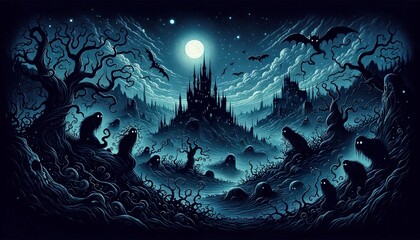 Fototapeta na wymiar Illustration of a hauntingly beautiful dark realm. The land is bathed in moonlight, revealing twisted, thorn-covered trees and mysterious ruins. AI Generated