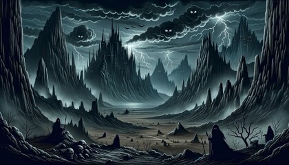 A desolate landscape under a stormy sky with jagged mountains, a twisted castle on a cliff, and eerie creatures roaming the land. AI Generated