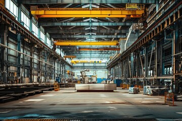 This photo showcases a vast warehouse space filled with a variety of machinery and equipment, Interior of a fully automated construction factory, AI Generated - obrazy, fototapety, plakaty