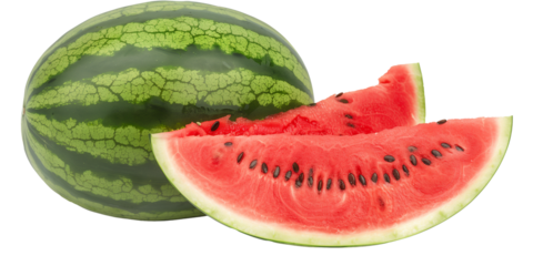 Ripe watermelon with cut slice, isolated on transparent background