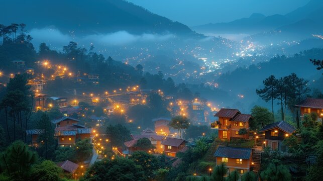  a night scene of a village in the mountains with a lot of lights on the houses and trees in the foreground and a foggy sky in the background.