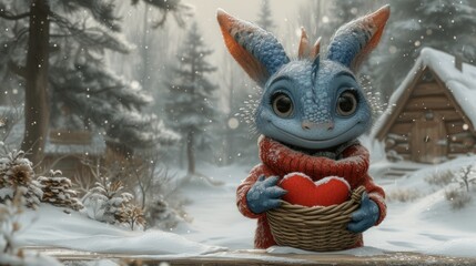  a cartoon character holding a basket with a heart in it in the middle of a snowy forest with snow falling on the ground and a small cabin in the background.