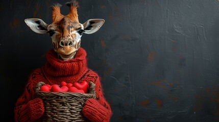  a giraffe is wearing a red sweater and holding a basket of heart - shaped candies in front of a black background with a black wall behind it.